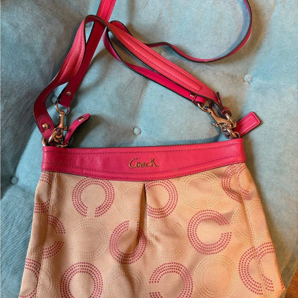 Coach Ashley Dotted Op Art Tam Jacquard & Pink Leather Crossbody & Shoulder Bag